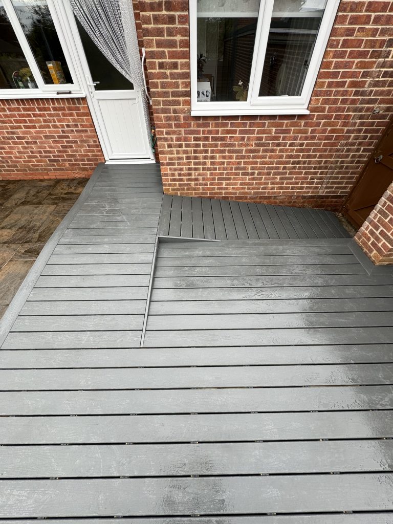 Composite decking intricate steps outside a house