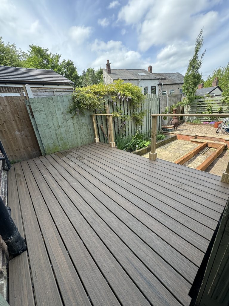 A composite decking in a garden